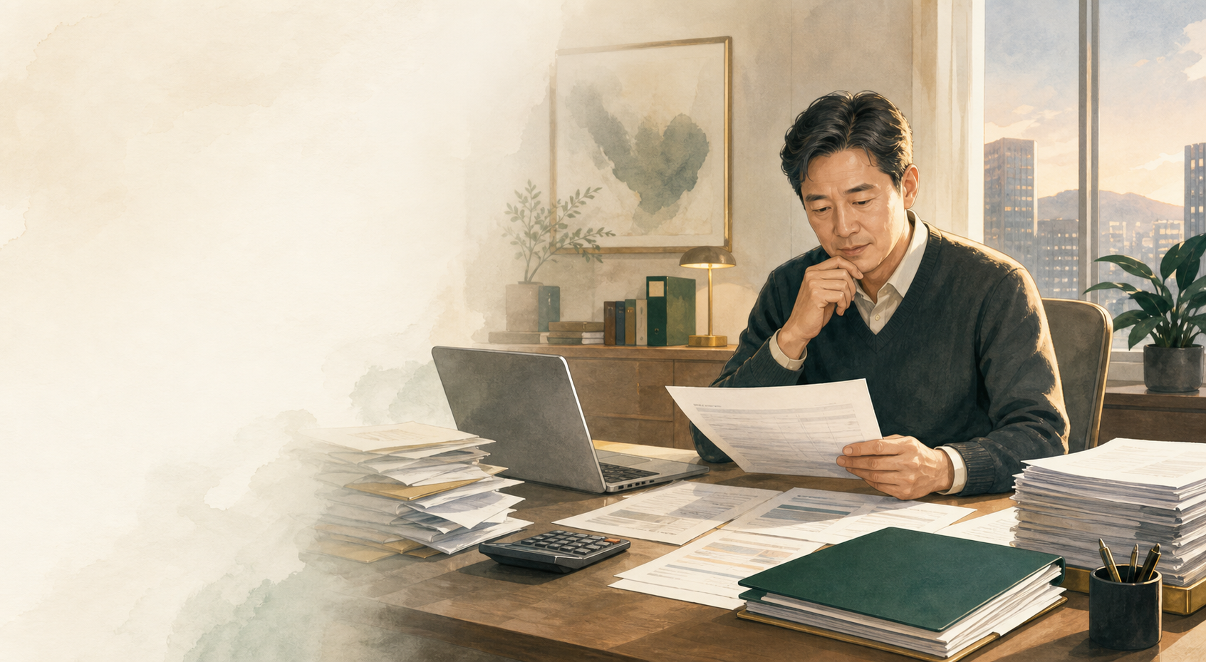 재무자료 앞에서 법인회생 검토 방향을 고민하는 기업 경영자